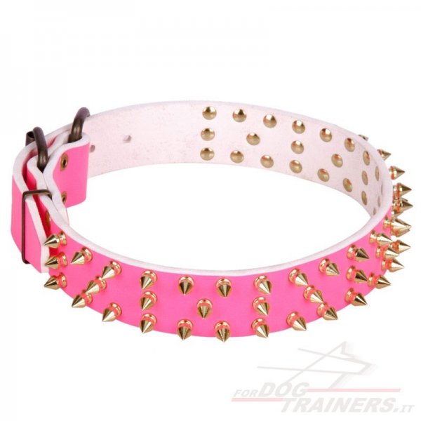 Collare in pelle rosa con borchie a punta in ottone