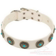 Collare in cuoio bianco con pietre azzurre