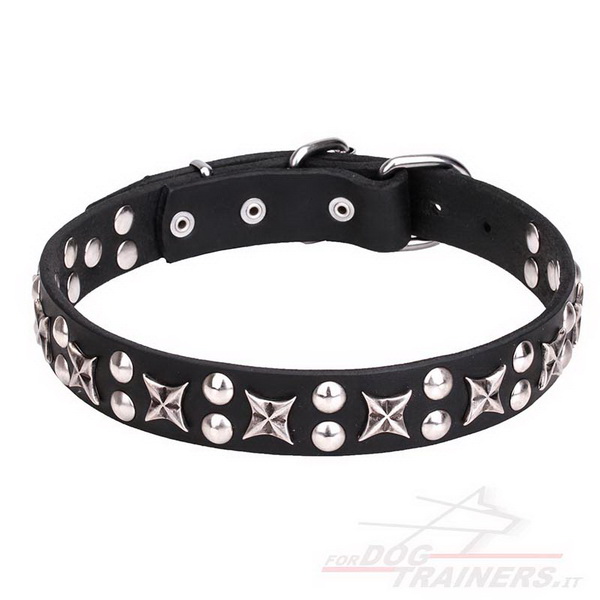 Collare nero con borchie decorative cromate per cane